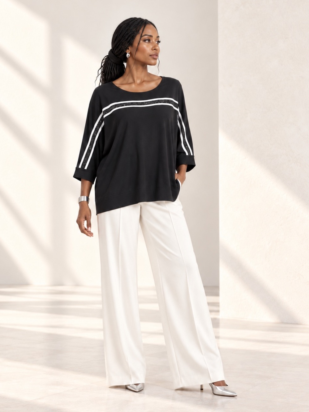 Joseph Ribkoff Rhinestone Racing Stripe Batwing Tunic Top Sz 16